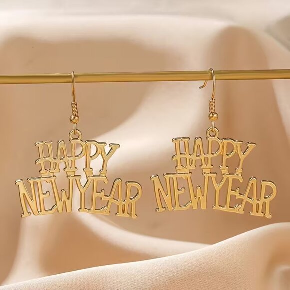 NEW Gold Happy New Year Earrings - Picture 3 of 5